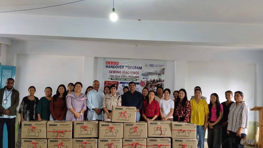 Officials along with the trainees during the handing over ceremony for trainees under the USHA Silai School initiative at St Mary’s School in Lozaphuhu village in Phek on May 20.